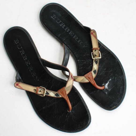 Burberry Multicolor Nova Check Coated Canvas And Leather Thong Flats Size 9 - Picture 1 of 7